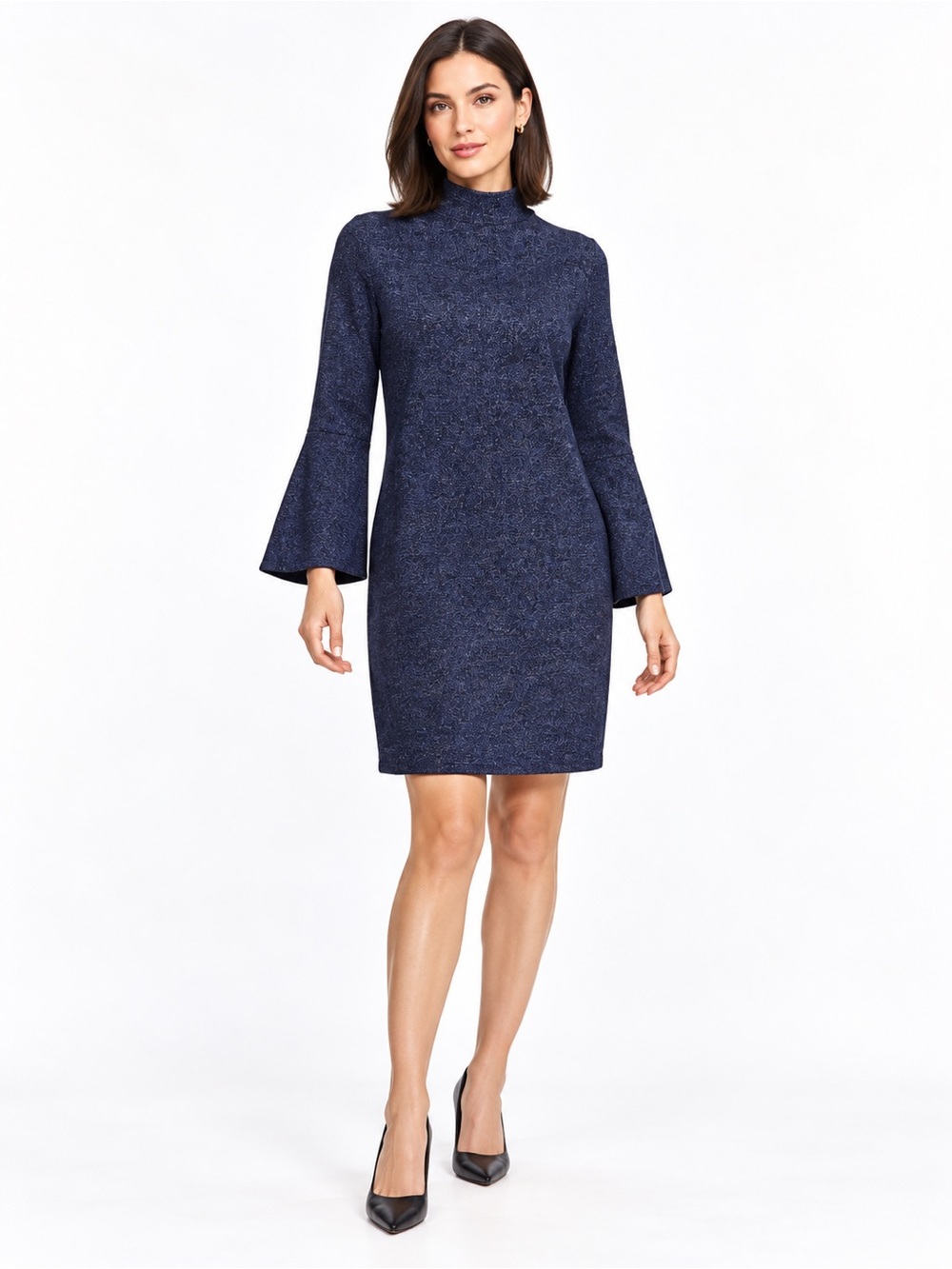 Cato Navy Blue Metallic Blend Mock Neck Retro Knee Length Dress Size 14/16W